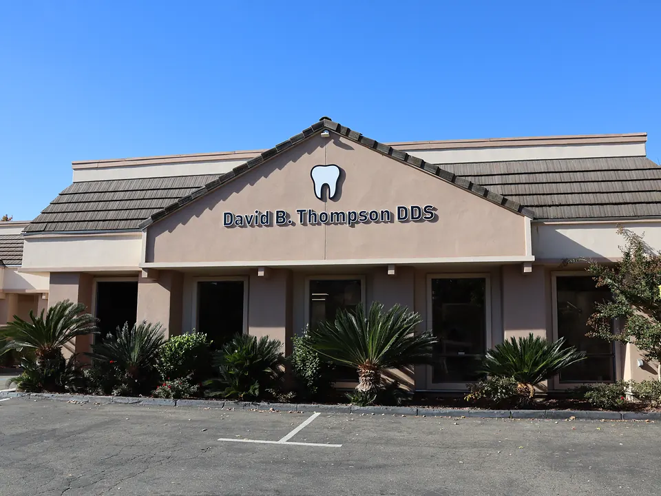 The office building, with a tooth above the David B. Thompson DDS sign